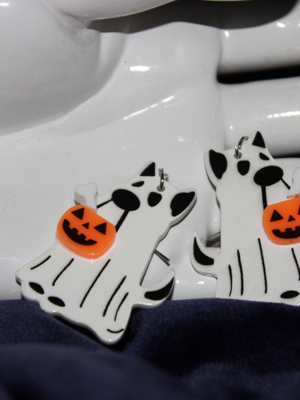 Halloween Ghost Dog Earrings with Orange Jack-O'-Lantern Accent